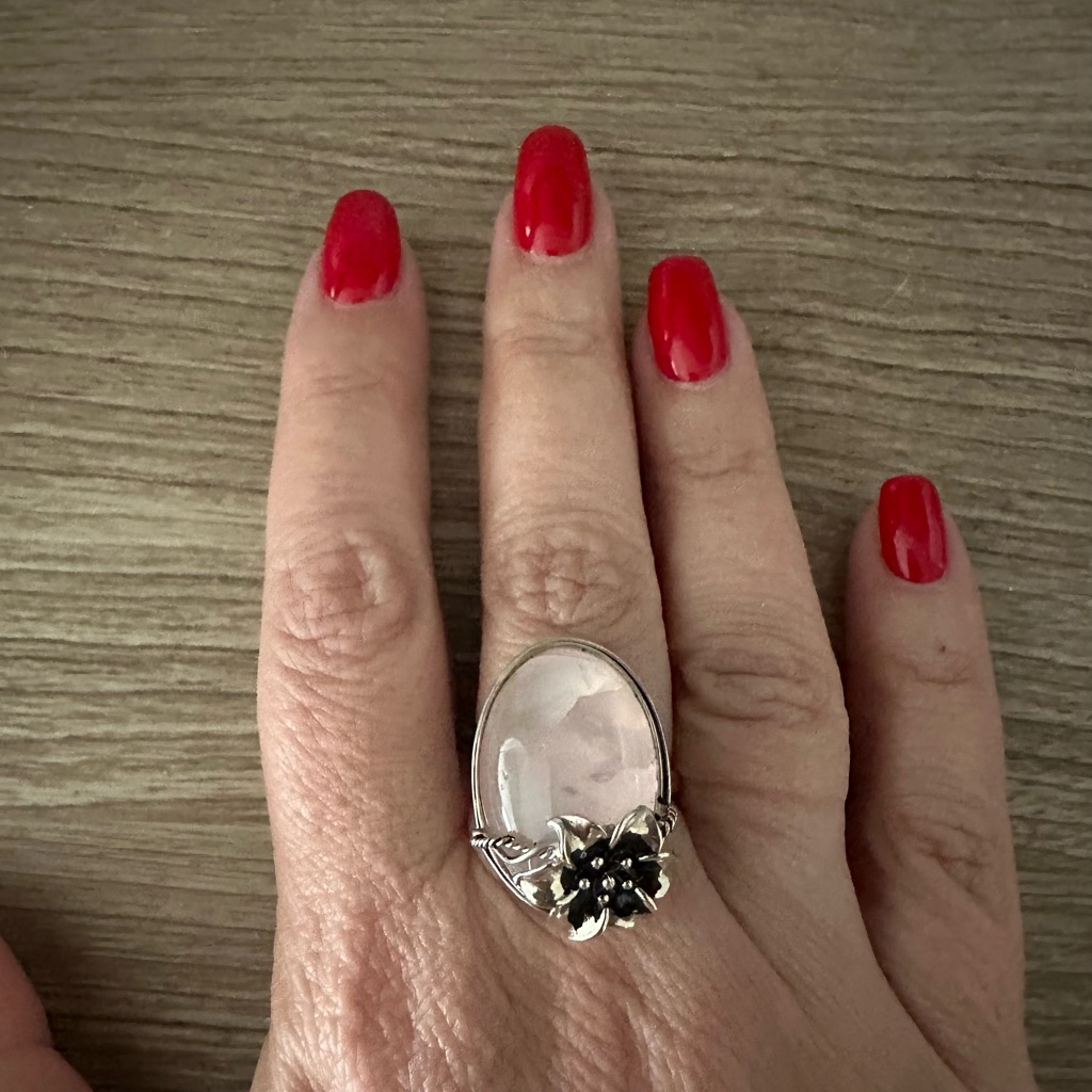 Silver 950 Floral Rose Quartz Statement Ring - Pink Gemstone